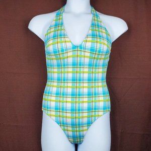 Green Blue Plaid Halter Neck One Piece Swimsuit  Size 10